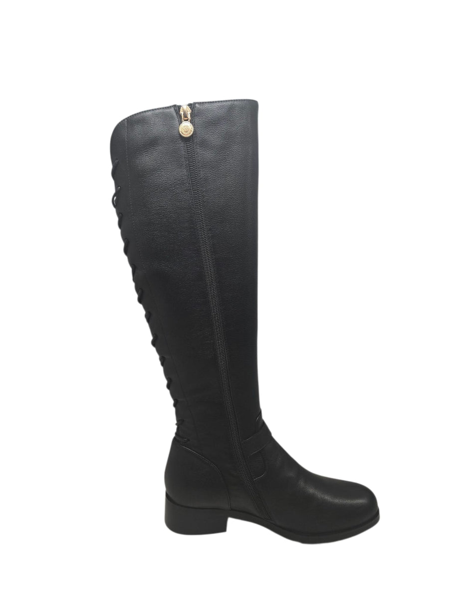 SoleMani Chelsea – Slim Calf Tall Leather Boot with Back Lace Detail and Gold Buckle