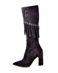 Italy Black Dress Boots with Fringe Detailing - Sophisticated and Stylish Footwear for Any Occasion